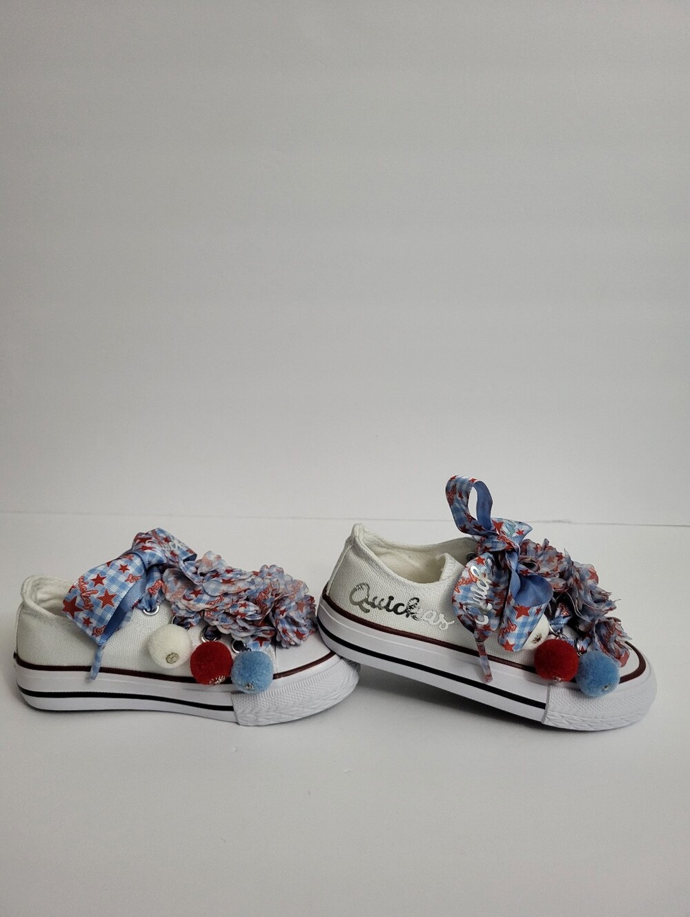 Kids White Canvas Slip-On Sneakers with Pom Pom Accents